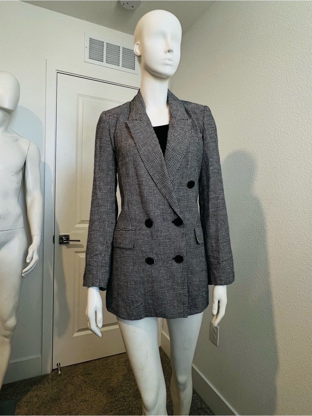 Zara Double-Breasted Glen Plaid Blazer - Black/Gray